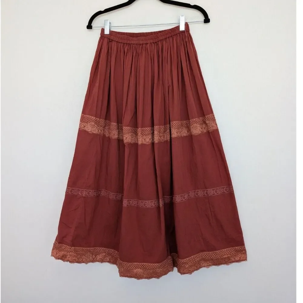 Y2K Vintage Rampage Rust Boho Lace Tiered Cotton Midi Skirt Sz M Made in India